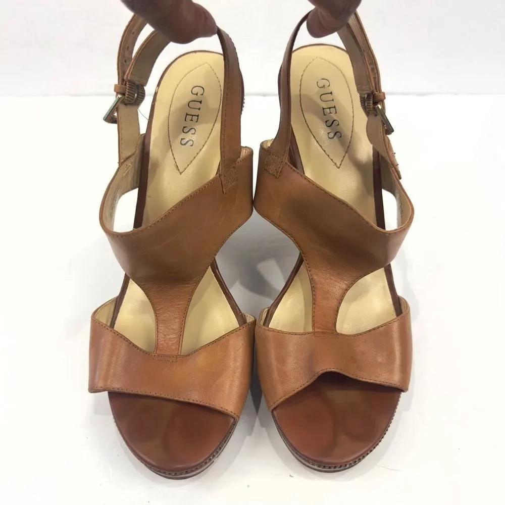 Guess WGFRANCIE Brown Leather Wedge Open Toe Strappy Sandals Women's Sz 10M